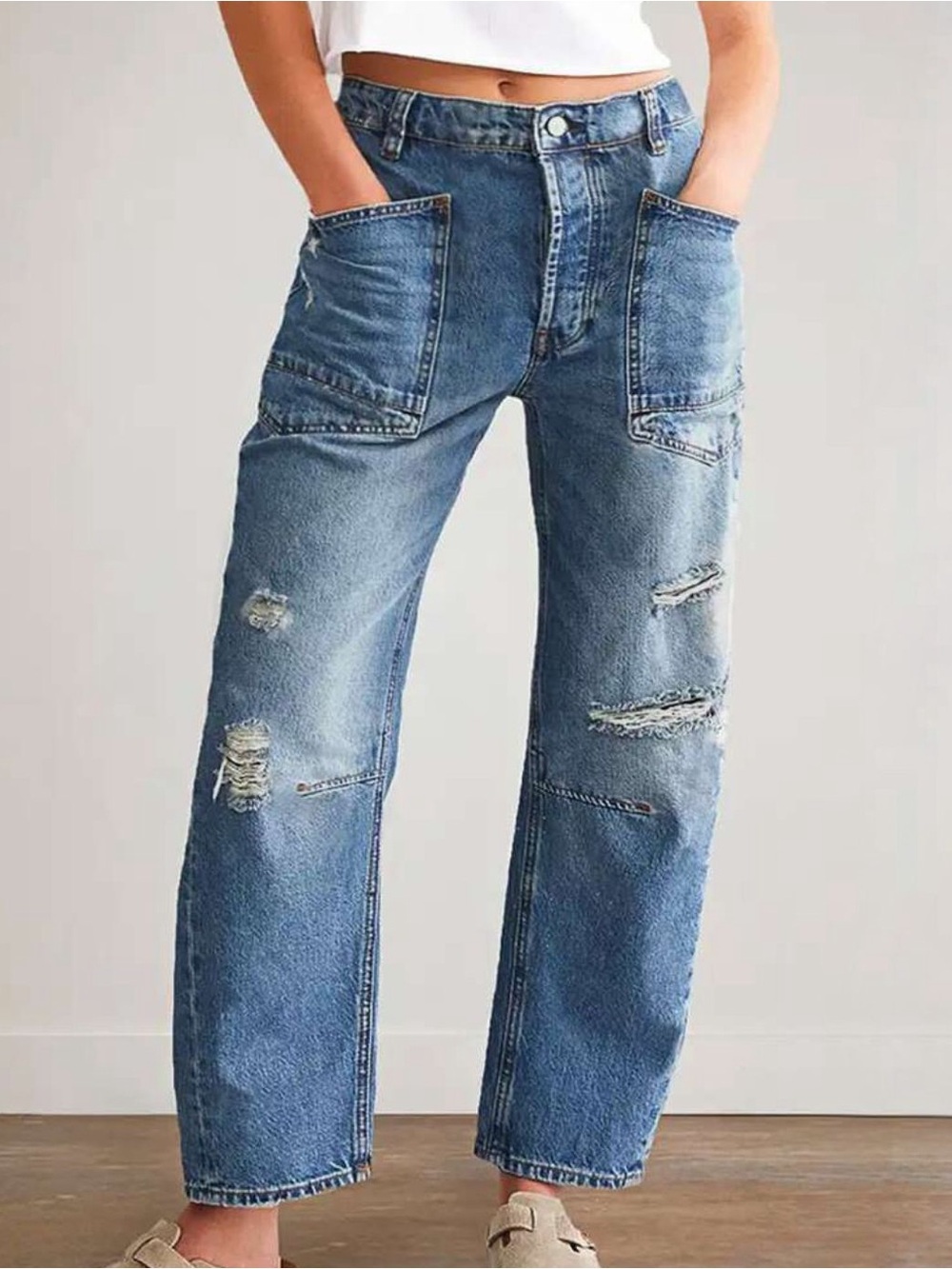 🩵Hello Gorgeous! Wide Leg Distressed Patch Pocket Jeans - Blue